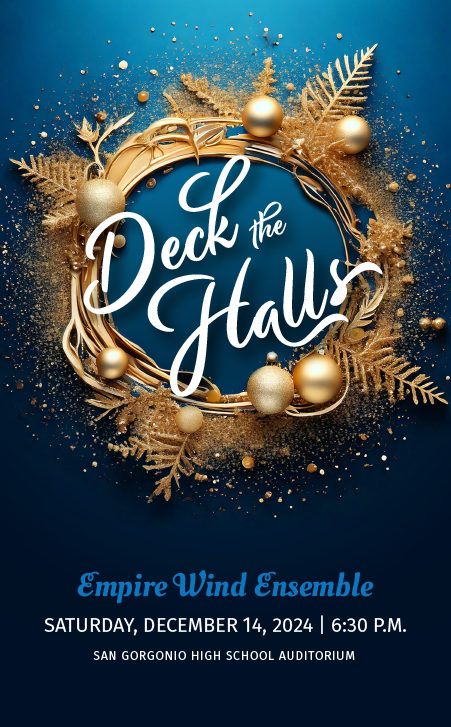 Deck the Halls concert artwork of a circle of gold Christmas decorations and the name of the concert