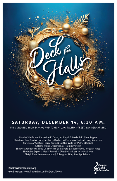 poster for the deck the halls concert with a ring of gold glitter, pine leaves, and ornaments